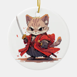 Angry Samurai style Cat Hero Ceramic Tree Decoration