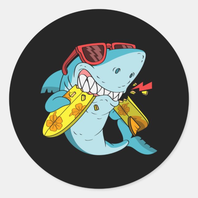 angry shark bite a surfboard classic round sticker (Front)