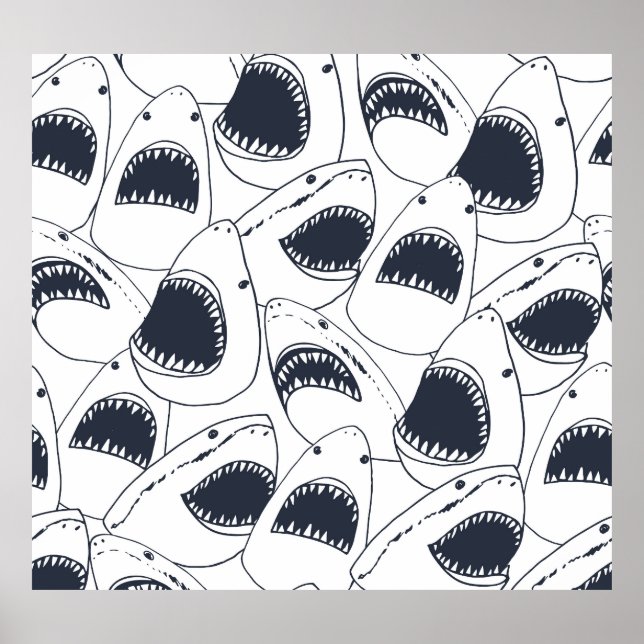 Angry shark, vintage doodle pattern. poster (Front)