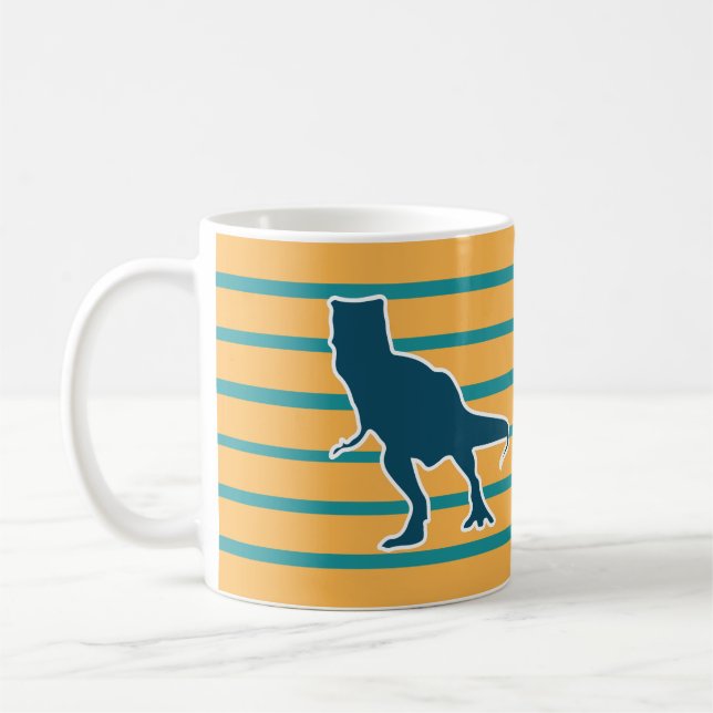 Angry T-rex dinosaur yellow and blue Coffee Mug (Left)