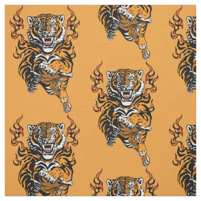 Angry tiger in tongues of flame fabric (Swatch)