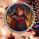 Ani-mazing Christmas | Winter Night Metal Tree Decoration<br><div class="desc">Pretty Anime girl outside on a winter night Christmas Ornament.</div>