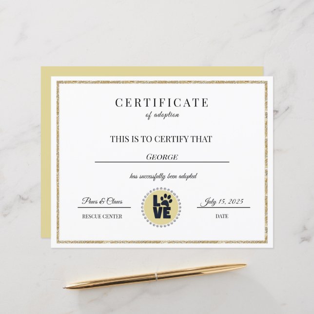 Animal Adoption Certificate (Front/Back In Situ)