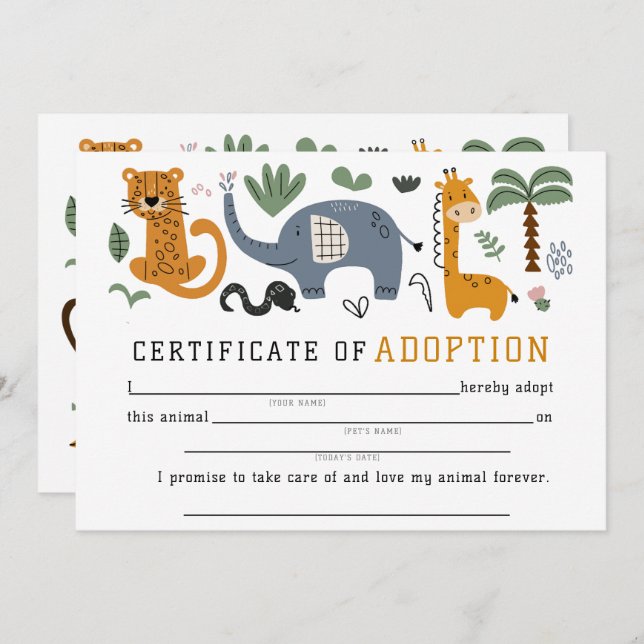 Animal Adoption Certificate Two Wild Safari Kids Invitation (Front/Back)