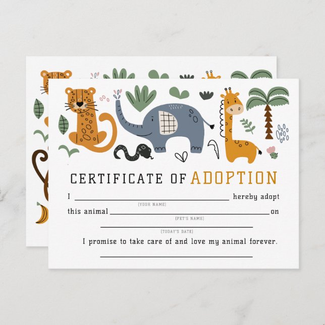 Animal Adoption Certificate Two Wild Safari Kids Postcard (Front/Back)