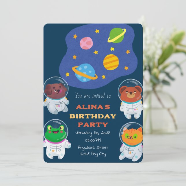 Animal Astronauts Birthday Invitation (Standing Front)