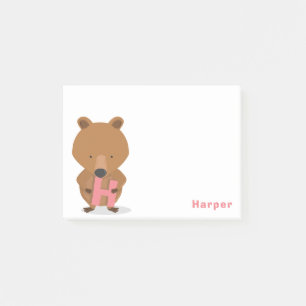 Animal Bear Monogram Pink Name Kids Post-it Notes