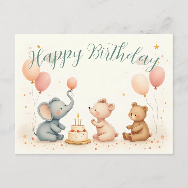 Animal Birthday Joy with Balloons Holiday Postcard (Front)