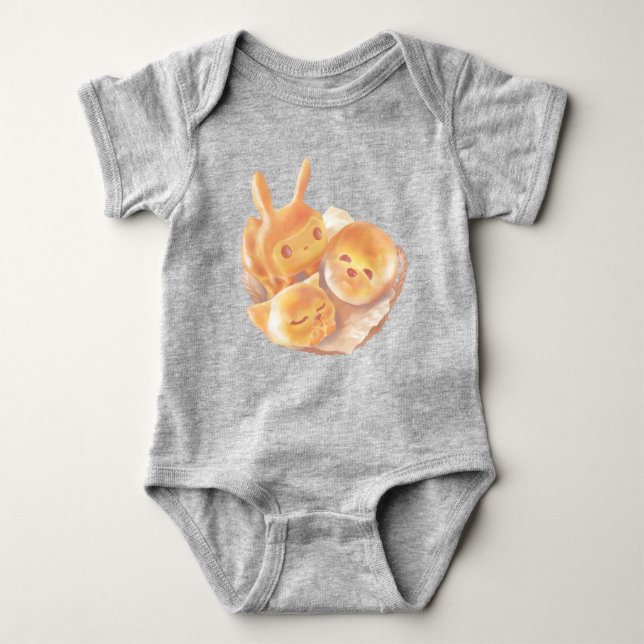 Animal Bread Basket: Smiling Bichon, Bunny & Cat Baby Bodysuit (Front)
