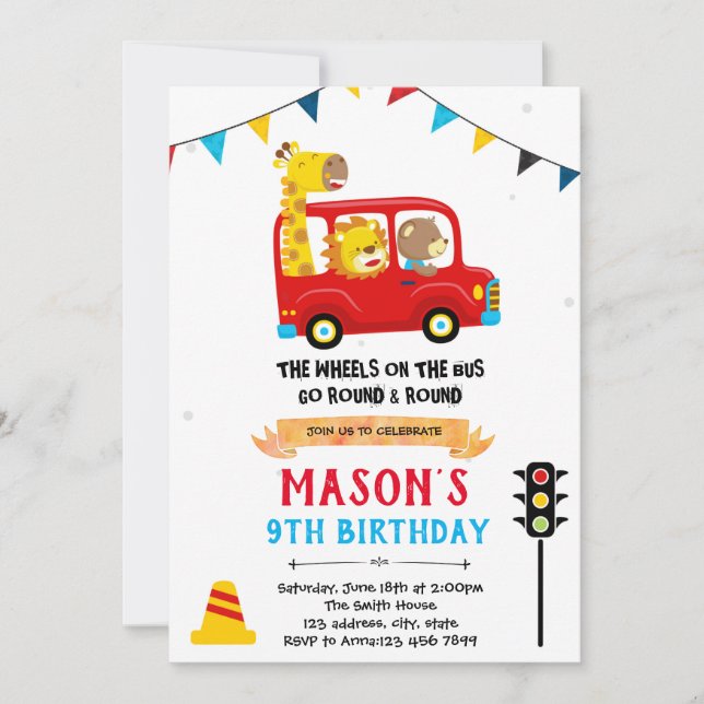 Animal bus birthday theme invitation (Front)