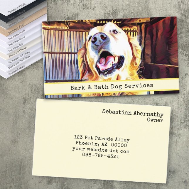Animal Care Custom Photo Golden Retriever Business Card (business card front and back with template text)