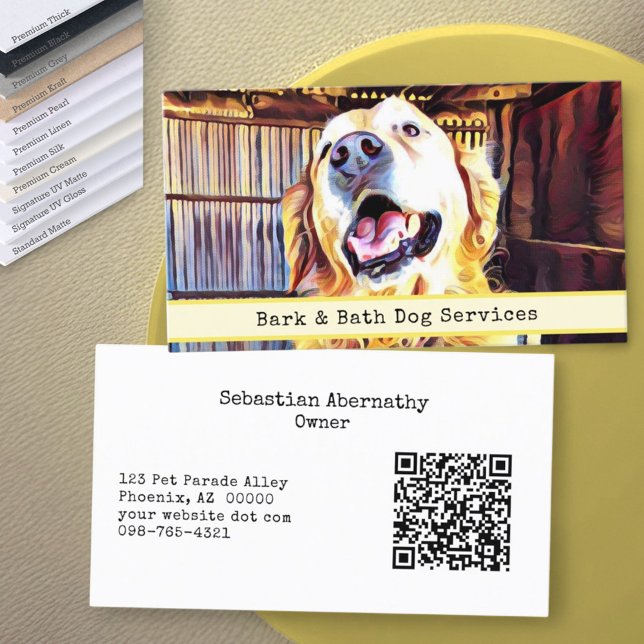 Animal Care Custom Photo Golden Retriever QR Code Business Card (business card front and back with template text)