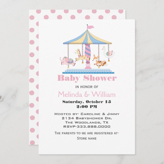 Animal Carousel Baby Girl Shower Invitation (Front/Back)