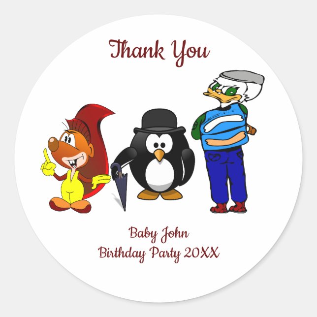 Animal Cartoon Trio Thank You Birthday Party Classic Round Sticker (Front)
