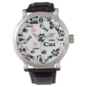 Animal cat paw track feet seamless white black pin watch