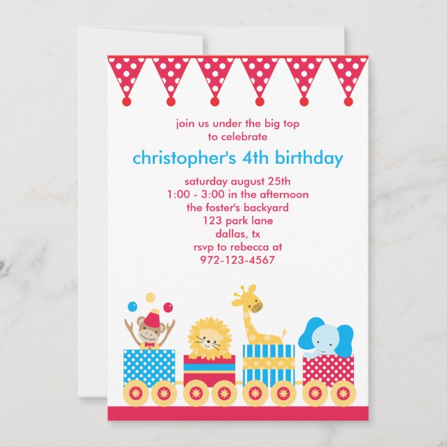 Animal Circus Train Birthday Invitations (Front)