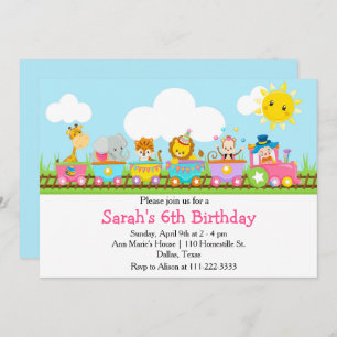 Animal Circus Train Kids Birthday in Pink Invitation