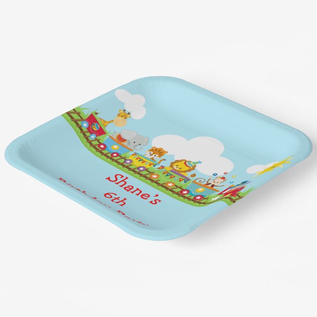 Animal Circus Train Kids Birthday in Red Paper Plate (Angled)