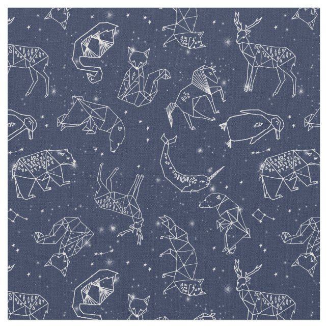 Animal Constellations Pattern Navy Blue Fabric (Close Up)