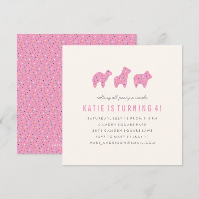 Animal Cookie Birthday Invitation - Pink (Front/Back)