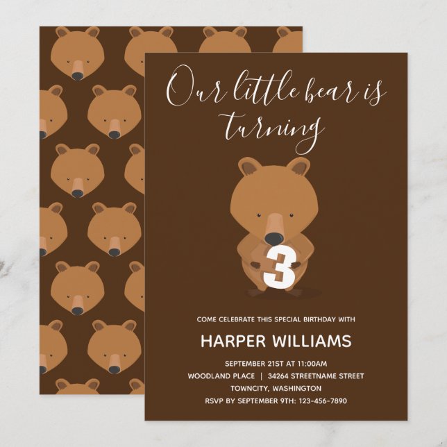 Animal Cute Kid Bear Birthday Invitation (Front/Back)