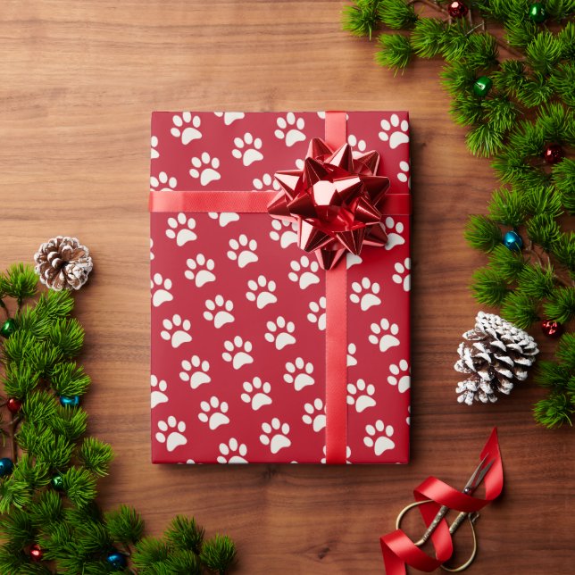 Animal Dog Cat Pet Paw Print Pattern Red & White Wrapping Paper (Holiday Gift)