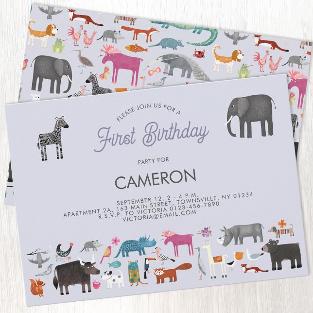 Animal First Birthday Invitation (Fun animal menagerie personalized custom kid's first birthday invitation)