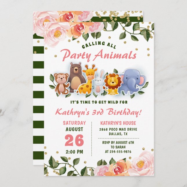 Animal Friends Pink Floral Greenery Birthday Invitation (Front/Back)