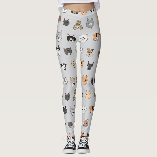 Animal Fun: Cats Dogs Doodle Mix Leggings (Front)