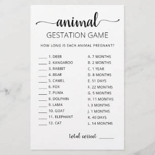 Animal Gestation with Answers Baby Shower Game