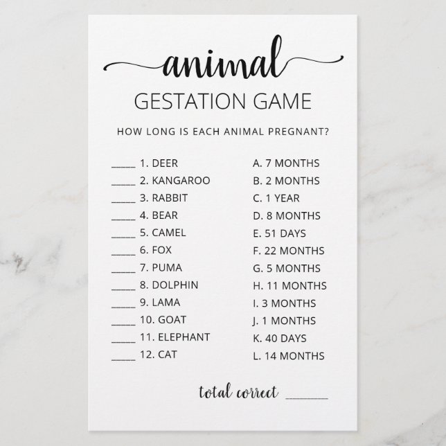 Animal Gestation with Answers Baby Shower Game (Front)