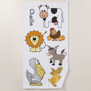 Animal Illustrations Custom Name kids' beach towel