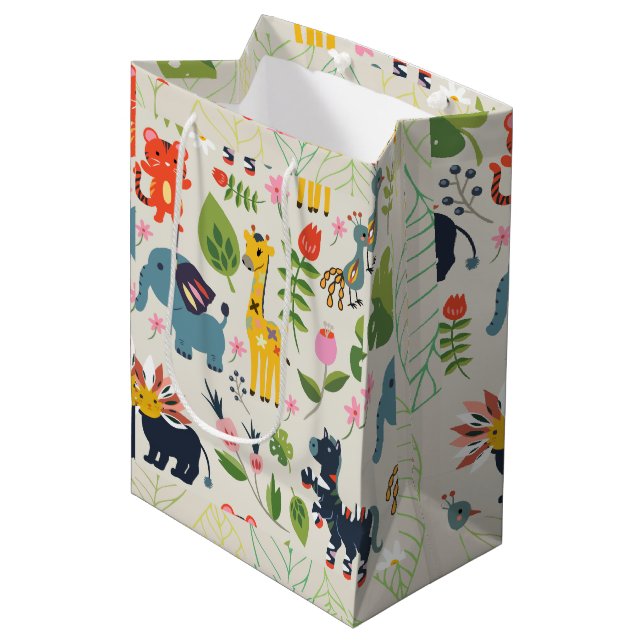 Animal Jungle Pastel Leaf Pattern Medium Gift Bag (Front Angled)