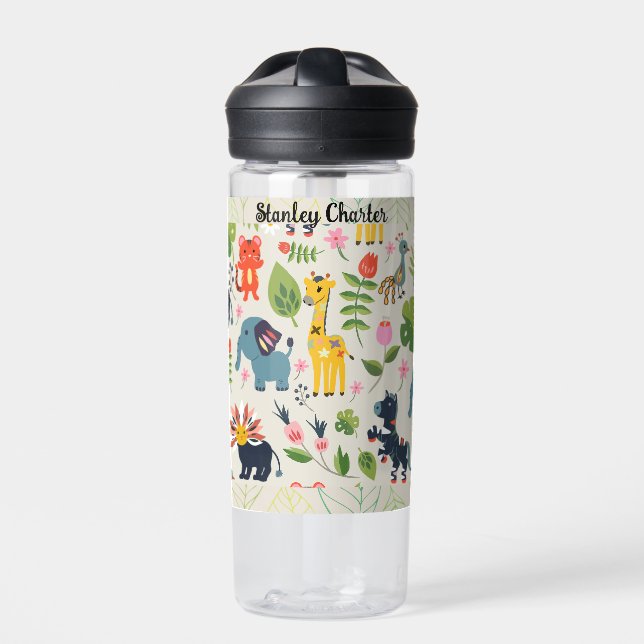 Animal Jungle Pastel Leaf Personalised Pattern  Water Bottle (Front)