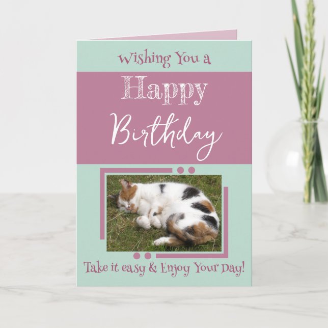 Animal lover add photo lavender green birthday card (Front)