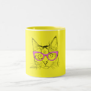 Animal Lover   Cute Yellow Cat in Pink Glasses Two-Tone Coffee Mug
