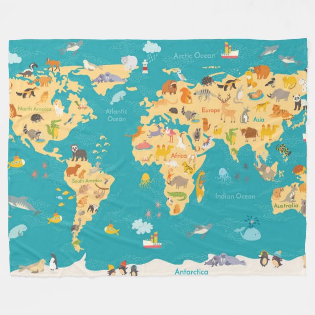 Animal Map of the World For Kids Fleece Blanket (Front (Horizontal))
