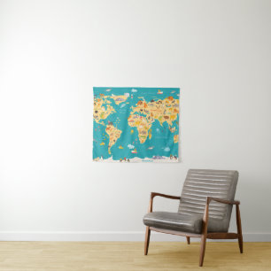 Animal Map of the World For Kids Tapestry