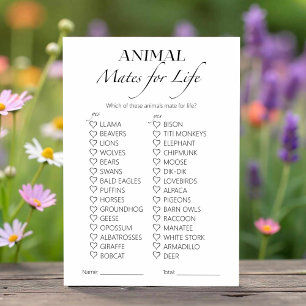 Animal Mates for Life Bridal Shower Game Card
