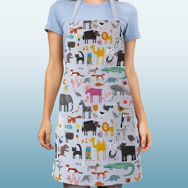 Animal Menagerie Apron (Animal fun apron with jungle, zoo, farm and pet animals and birds)