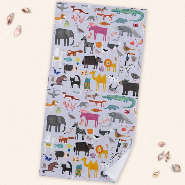 Animal Menagerie Beach Towel (Fun animal menagerie with wild, safari, zoo and pet animals and birds pattern beach towel)