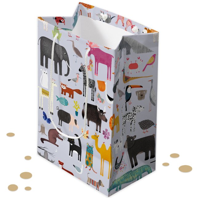 Animal Menagerie Medium Gift Bag (Fun animal menagerie with wild, safari, zoo and pet animals and birds pattern gift bag)