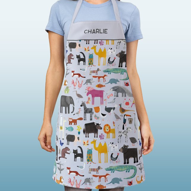 Animal Menagerie Personalised Apron (Fun animal menagerie zoo, wildlife, jungle, safari & pet animals and bird pattern personalized apron)