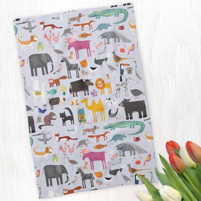 Animal Menagerie Tea Towel (Fun animal menagerie with wild, safari, zoo and pet animals and birds pattern kitchen towel)