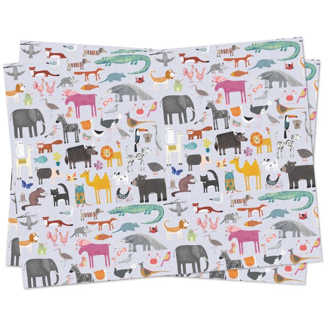 Animal Menagerie Tissue Paper (Fun animal menagerie with wild, safari, zoo and pet animals and birds pattern tissue paper)