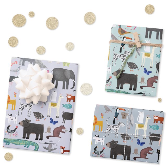 Animal Menagerie Wrapping Paper Sheet (Fun animal menagerie with wild, safari, zoo and pet animals and birds pattern wrapping paper sheets)