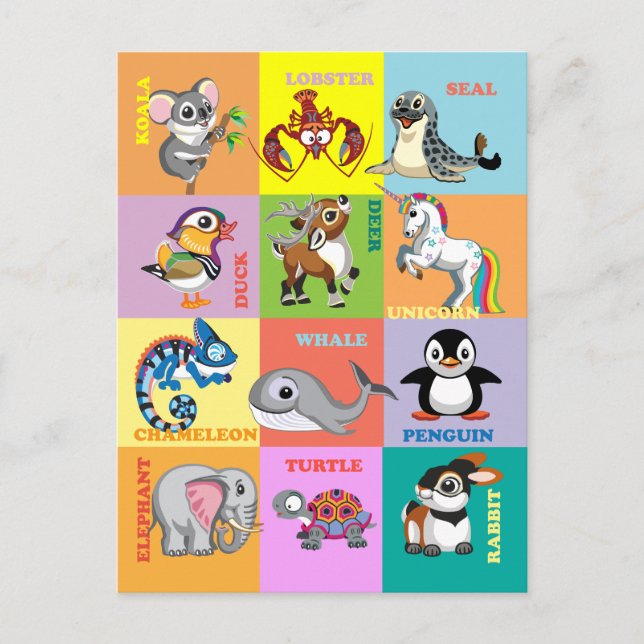 Animal Names with Cartoon Animal Pictures Postcard (Front)