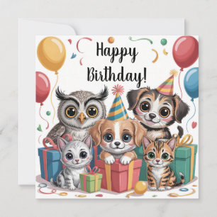 Animal Party Illustration with Puppies, Kittens Card
