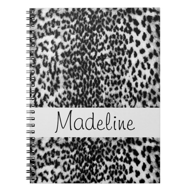 Animal pattern, black, white, monogram spiral notebook (Front)
