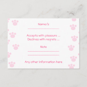 Animal Paw Print. Light Pink and White Pattern. RSVP Card